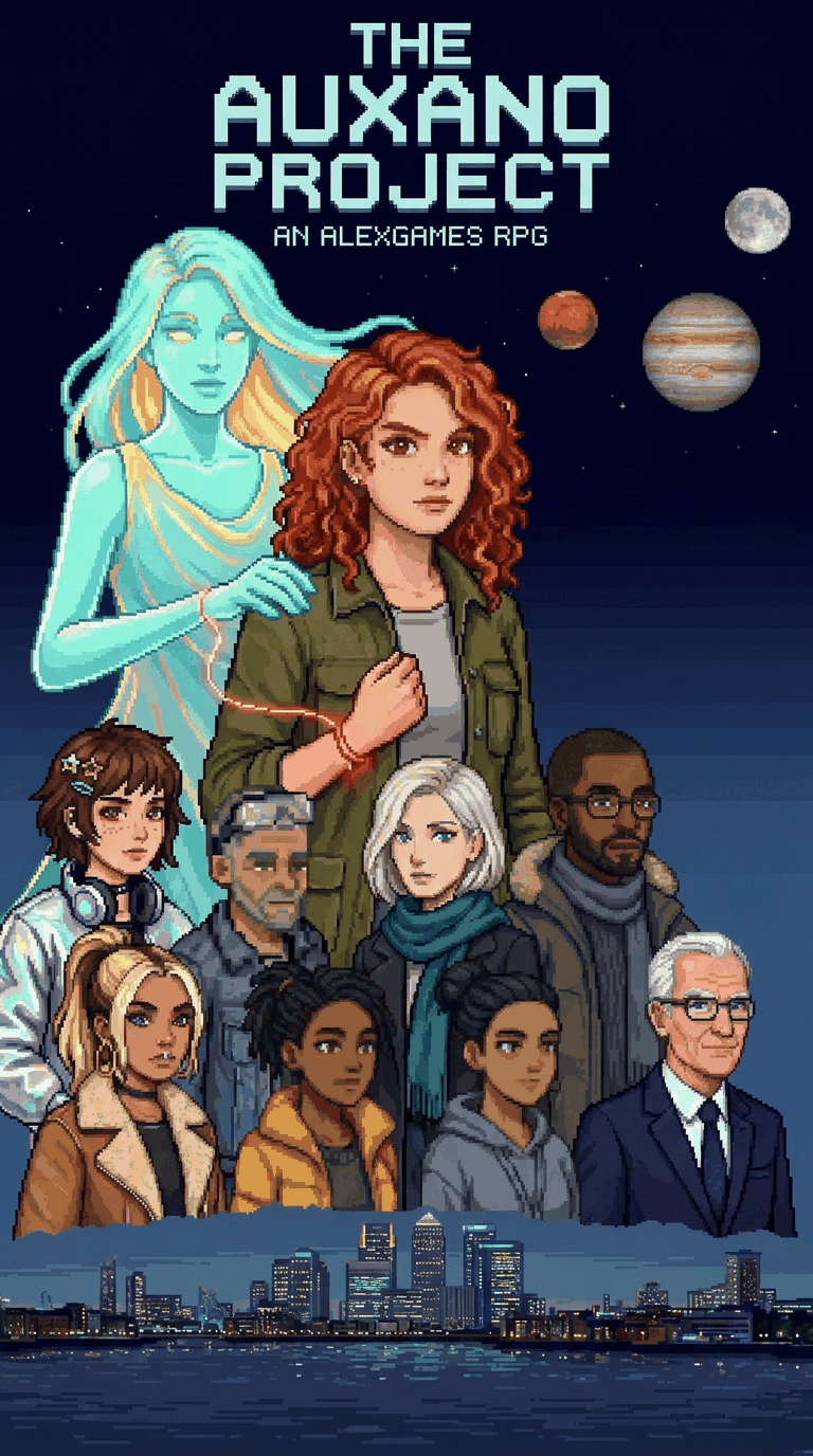 The Auxano Project key art: Lillie, with a figure made of light behind her, her friends and rivals around her, planets above London's riverside.